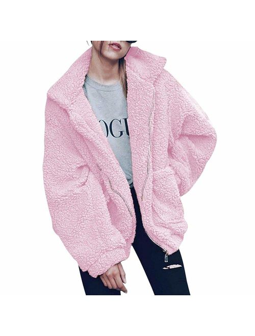 Womens Faux Shearling Jacket, Casual Lapel Fleece Fuzzy Jacket Shaggy Oversized Jacket Fashion Cardigan Coat