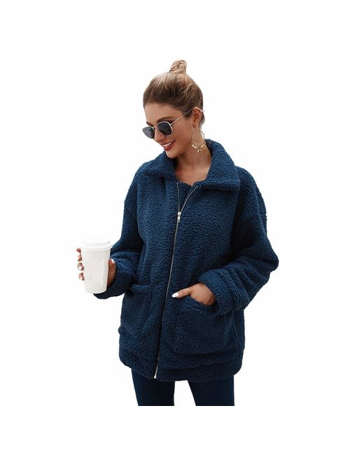 Womens Faux Shearling Jacket, Casual Lapel Fleece Fuzzy Jacket Shaggy Oversized Jacket Fashion Cardigan Coat