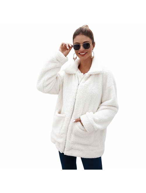 Womens Faux Shearling Jacket, Casual Lapel Fleece Fuzzy Jacket Shaggy Oversized Jacket Fashion Cardigan Coat