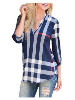 MANSY Women's Casual 2/3 Sleeve V-Neck Plaid Shirts Pullover Top