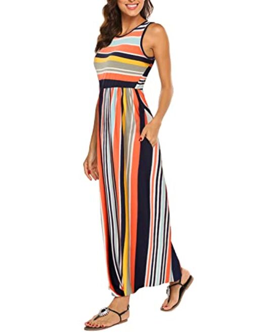 Hount Women's Summer Sleeveless Striped Flowy Casual Long Maxi Dress with Pockets