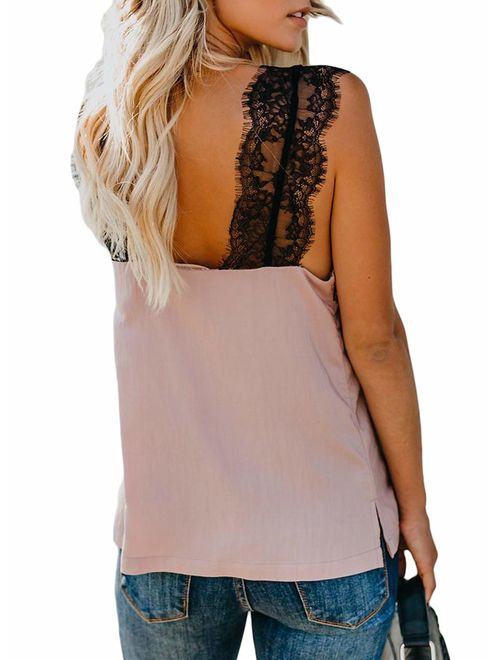 BLENCOT Women's V Neck Lace Strappy Cami Tank Tops Casual Loose Sleeveless Blouse Shirts