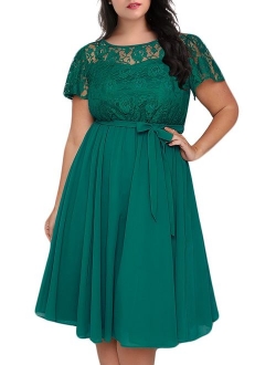 Nemidor Women's Scooped Neckline Floral lace Top Plus Size Cocktail Party Midi Dress