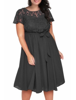 Nemidor Women's Scooped Neckline Floral lace Top Plus Size Cocktail Party Midi Dress