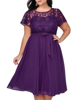 Nemidor Women's Scooped Neckline Floral lace Top Plus Size Cocktail Party Midi Dress