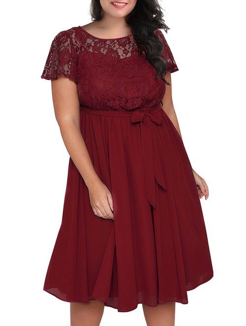 Nemidor Women's Scooped Neckline Floral lace Top Plus Size Cocktail Party Midi Dress