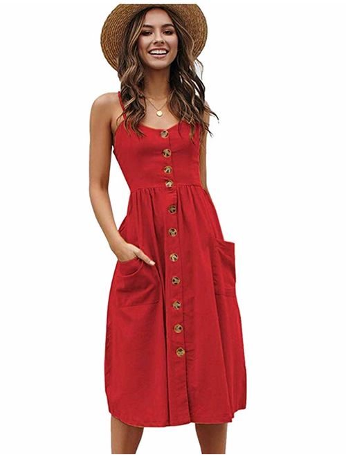 Halife Women's Summer Dresses Casual Spaghetti Strap Button Down Floral Midi Dress with Pockets