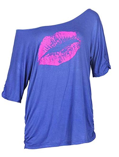 Smile Fish Women Casual Oversized Sexy Lips Print Off Shoulder T-Shirt