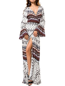 R.Vivimos Summer V Neck Long Sleeve Cardigan Front Slit Sexy Beach Maxi Dresses