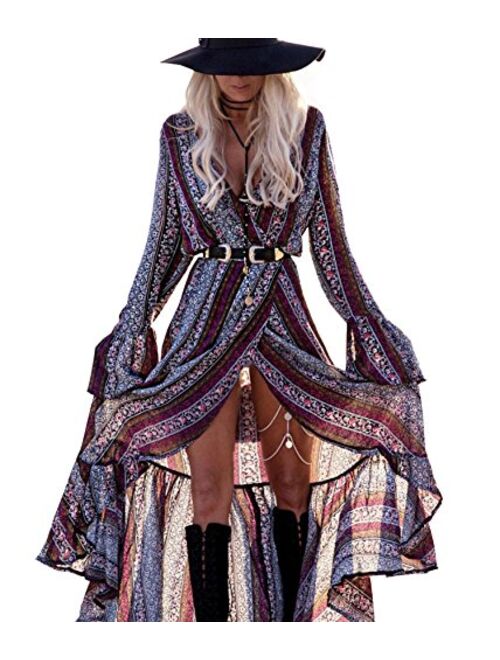 R.Vivimos Summer V Neck Long Sleeve Cardigan Front Slit Sexy Beach Maxi Dresses