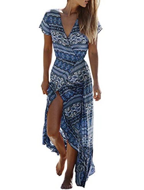 R.Vivimos Summer V Neck Long Sleeve Cardigan Front Slit Sexy Beach Maxi Dresses