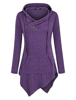 Miagooo Uneven Hemline Hoody Shirt Pocket Tunic Long Sleeve Casual Tops