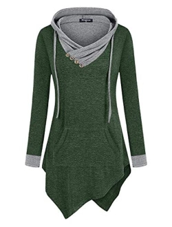 Miagooo Uneven Hemline Hoody Shirt Pocket Tunic Long Sleeve Casual Tops