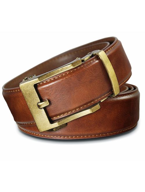 Men's Holeless Leather Ratchet Click Belt - Trim to Perfect Fit (Various Styles and Colors)