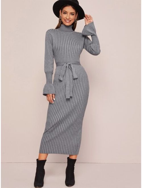 Solid Turtleneck Belted Sweater Dress