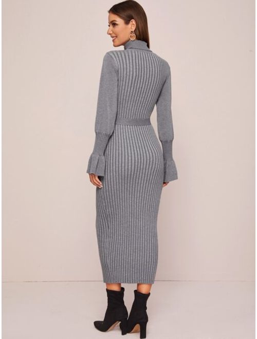 Solid Turtleneck Belted Sweater Dress