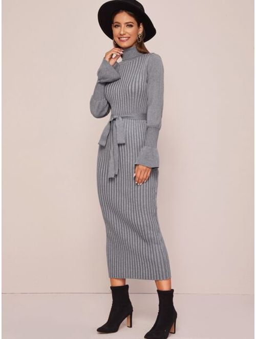 Solid Turtleneck Belted Sweater Dress