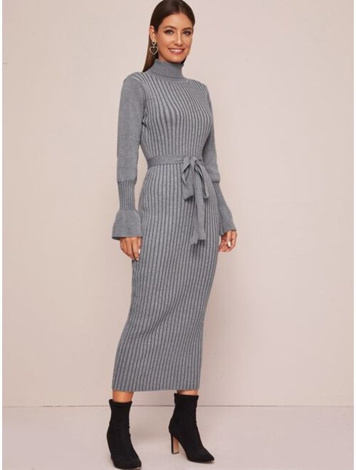 Solid Turtleneck Belted Sweater Dress