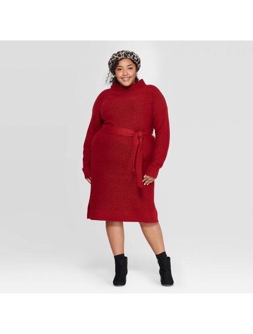 Women's Plus Size Long Sleeve Turtleneck Belted Sweater Dress - A New Day