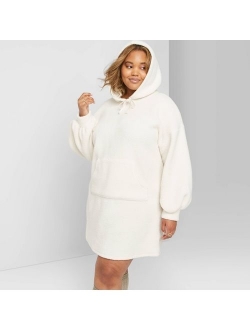 Women's Plus Size Long Sleeve Collared Hooded Sherpa Sweater Mini Dress - Wild Fable