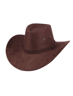 UwantC Mens Faux Felt Western Cowboy Hat Fedora Outdoor Wide Brim Hat with Strap