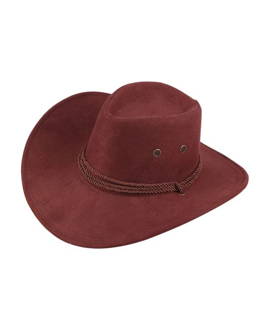 UwantC Mens Faux Felt Western Cowboy Hat Fedora Outdoor Wide Brim Hat with Strap