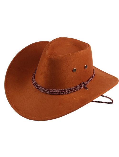 UwantC Mens Faux Felt Western Cowboy Hat Fedora Outdoor Wide Brim Hat with Strap