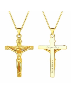 U7 Men Crucifix Cross Pendant with Chain Baptism Christian Jewelry Stainless Steel/18K Gold/Rose Gold Jesus Necklace, Free Engraving & Send Gift Box