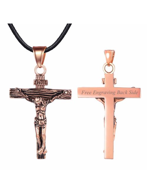 U7 Men Crucifix Cross Pendant with Chain Baptism Christian Jewelry Stainless Steel/18K Gold/Rose Gold Jesus Necklace, Free Engraving & Send Gift Box