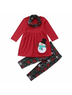 3Pcs/Set Kids Toddler Baby Girl Christmas Outfits Long Sleeve Top Dress Pants with Headband or Scarf