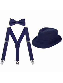 HDE Kids Adjustable Suspenders Boys Pre-Tied Bow Tie and Short Brim Fedora Hat