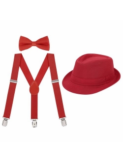 HDE Kids Adjustable Suspenders Boys Pre-Tied Bow Tie and Short Brim Fedora Hat