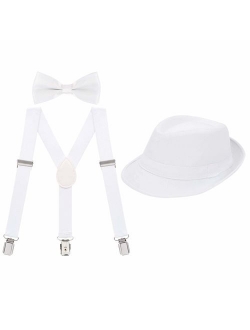 HDE Kids Adjustable Suspenders Boys Pre-Tied Bow Tie and Short Brim Fedora Hat