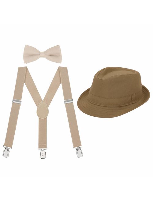 HDE Kids Adjustable Suspenders Boys Pre-Tied Bow Tie and Short Brim Fedora Hat