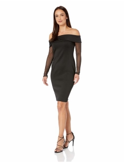 Women's Petite Off The Shoulder Sheath with Illusion Sleeves Dress