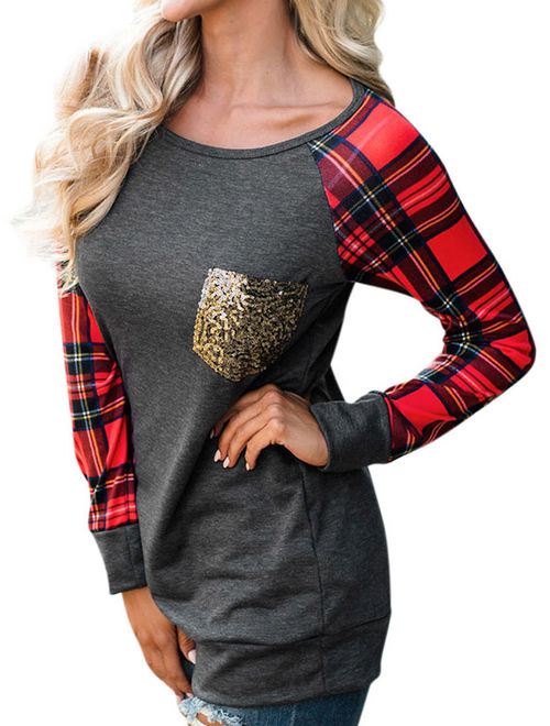 Women's Round Neck Checked Long Sleeve Sequin Pocket Sweatshirt