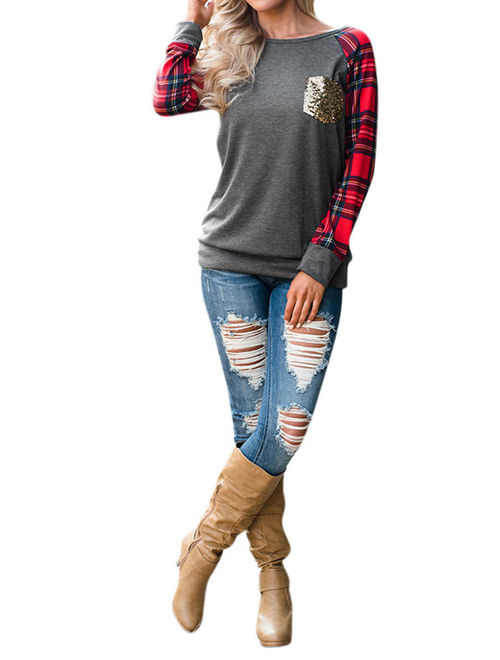 Women's Round Neck Checked Long Sleeve Sequin Pocket Sweatshirt