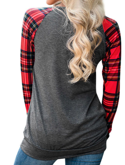 Women's Round Neck Checked Long Sleeve Sequin Pocket Sweatshirt