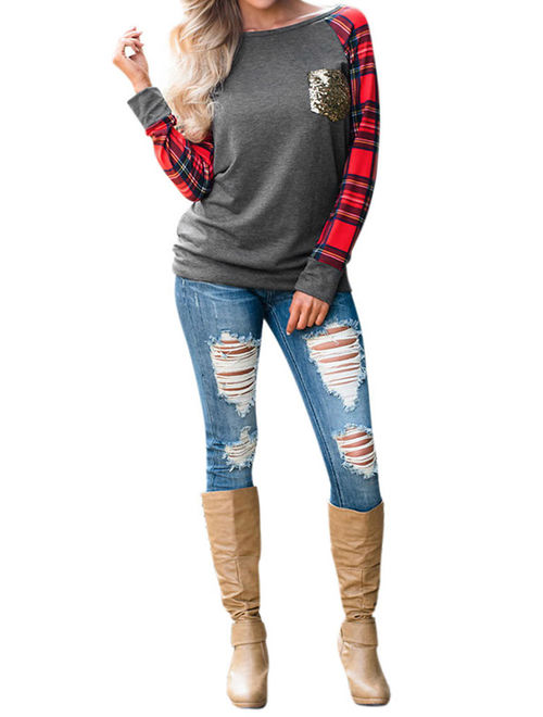 Women's Round Neck Checked Long Sleeve Sequin Pocket Sweatshirt