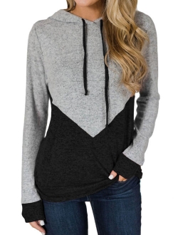 Women Long Sleeves Color Block Drawstring Hooded Top