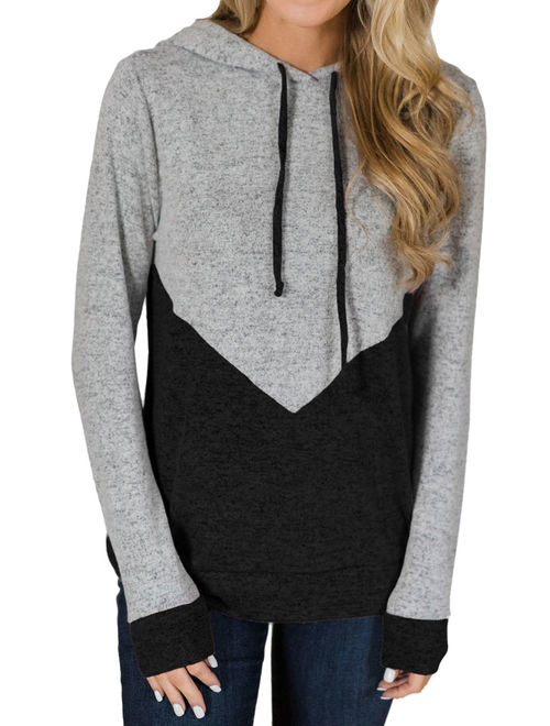 Women Long Sleeves Color Block Drawstring Hooded Top