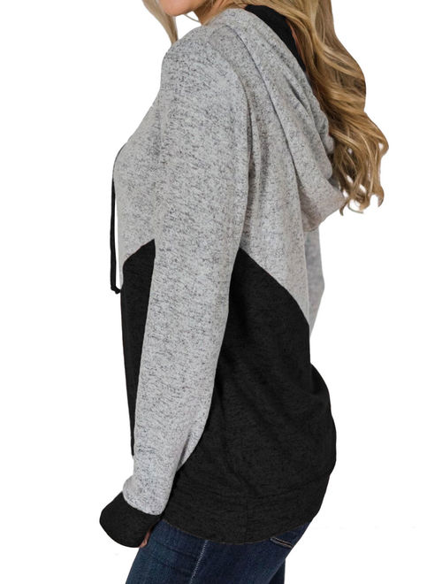 Women Long Sleeves Color Block Drawstring Hooded Top