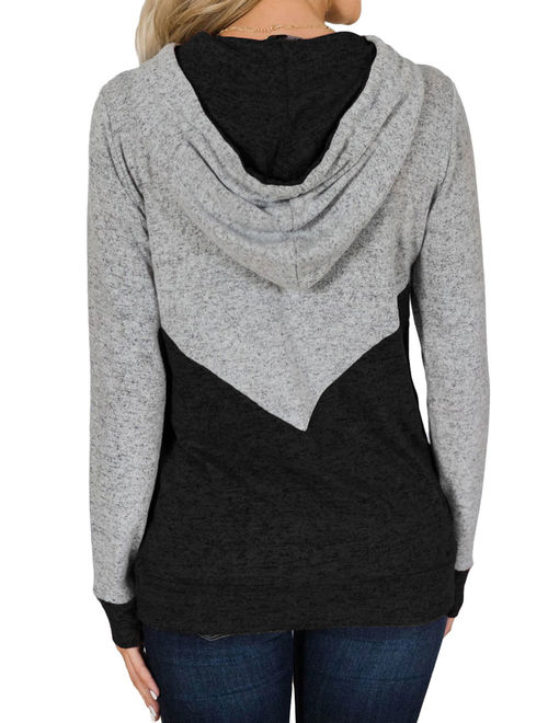 Women Long Sleeves Color Block Drawstring Hooded Top