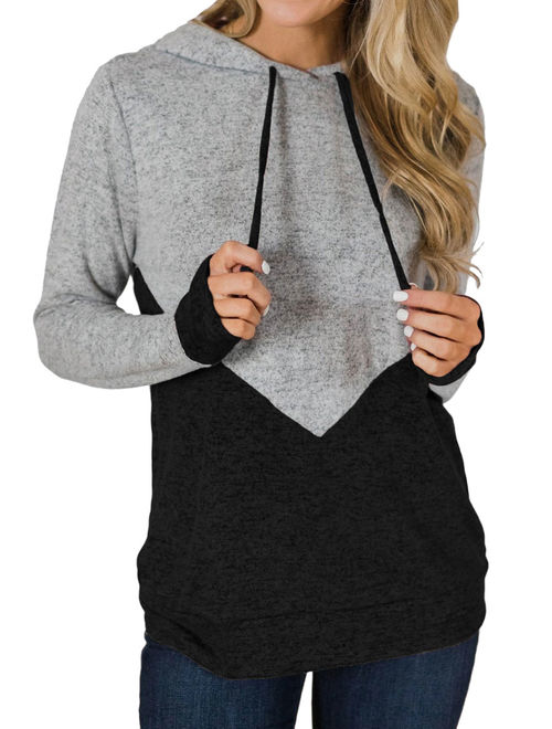 Women Long Sleeves Color Block Drawstring Hooded Top