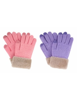 2 & 3 Pack Kids Touchscreen Winter Knit Gloves with Faux Fur Cuff