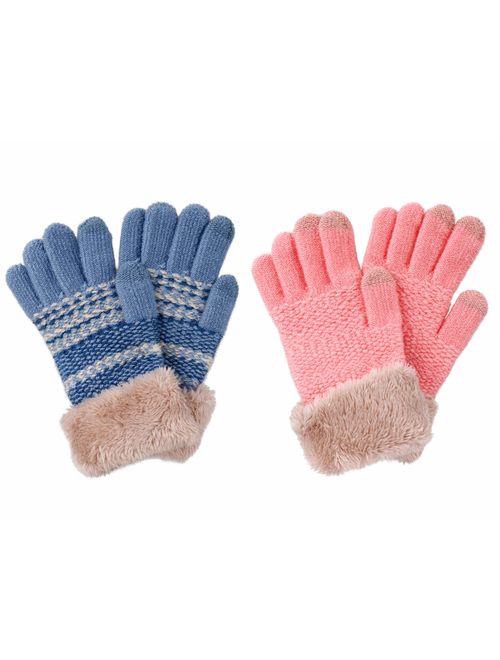 2 & 3 Pack Kids Touchscreen Winter Knit Gloves with Faux Fur Cuff