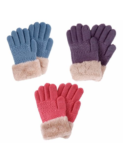 2 & 3 Pack Kids Touchscreen Winter Knit Gloves with Faux Fur Cuff