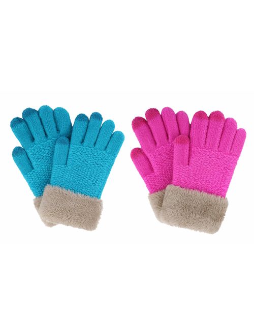 2 & 3 Pack Kids Touchscreen Winter Knit Gloves with Faux Fur Cuff