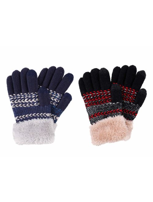 2 & 3 Pack Kids Touchscreen Winter Knit Gloves with Faux Fur Cuff