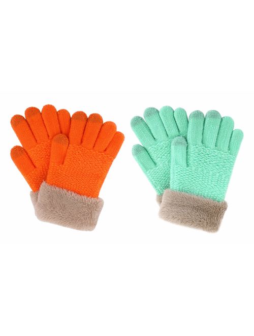 2 & 3 Pack Kids Touchscreen Winter Knit Gloves with Faux Fur Cuff